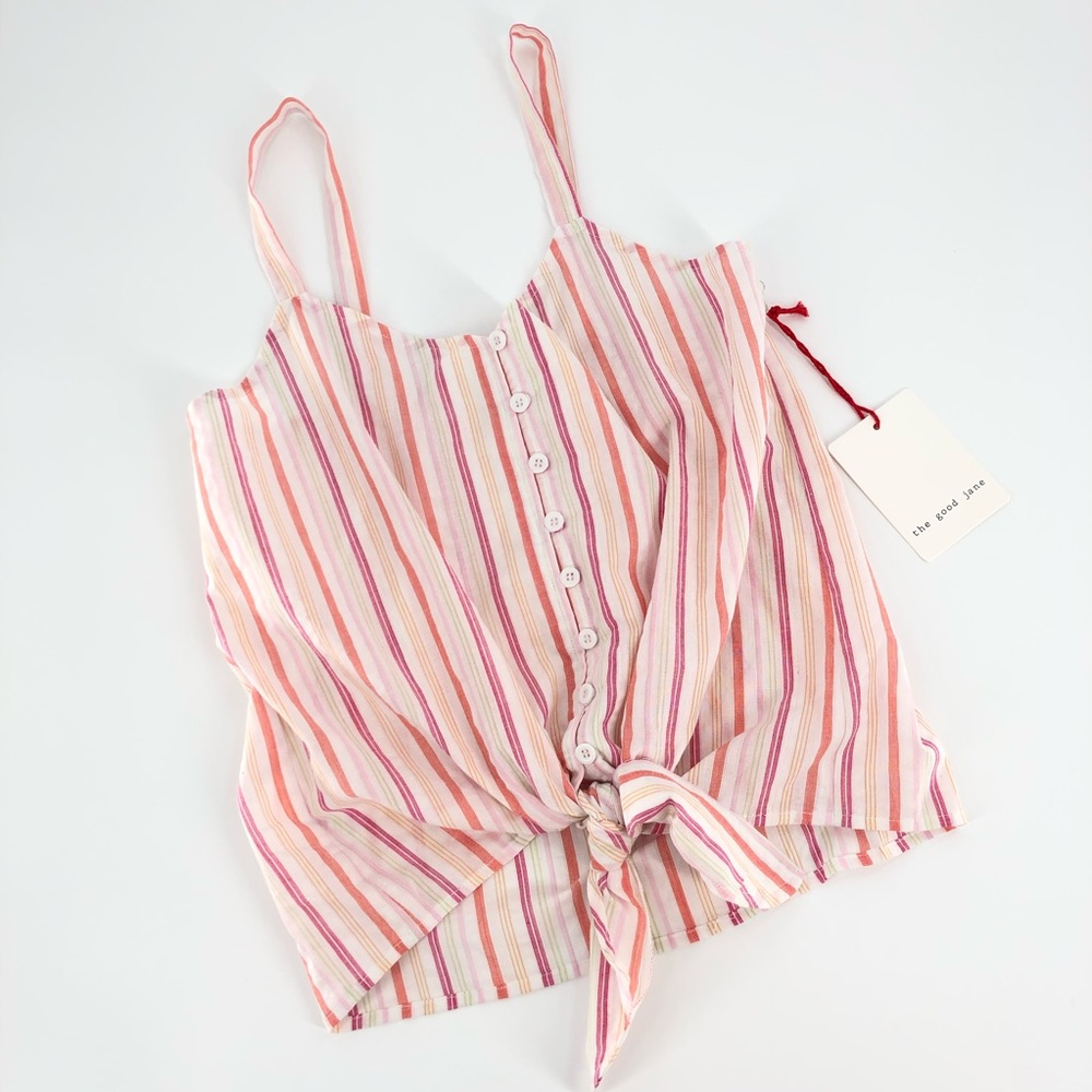 The Good Jane Button & Knot Front Pink Stripes Top